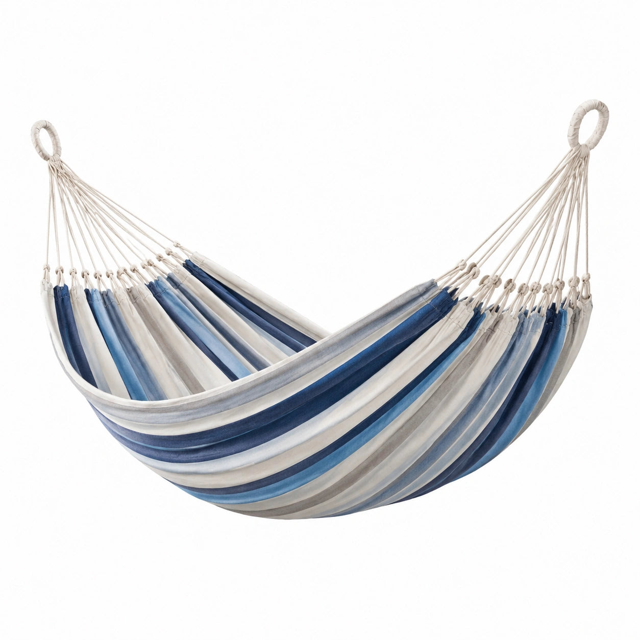 Amaca in cotone a strisce blu, bianco e grigio