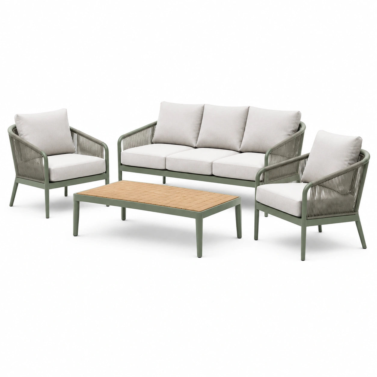 Set da salotto da esterno in alluminio e legno di teak con cuscini grigi