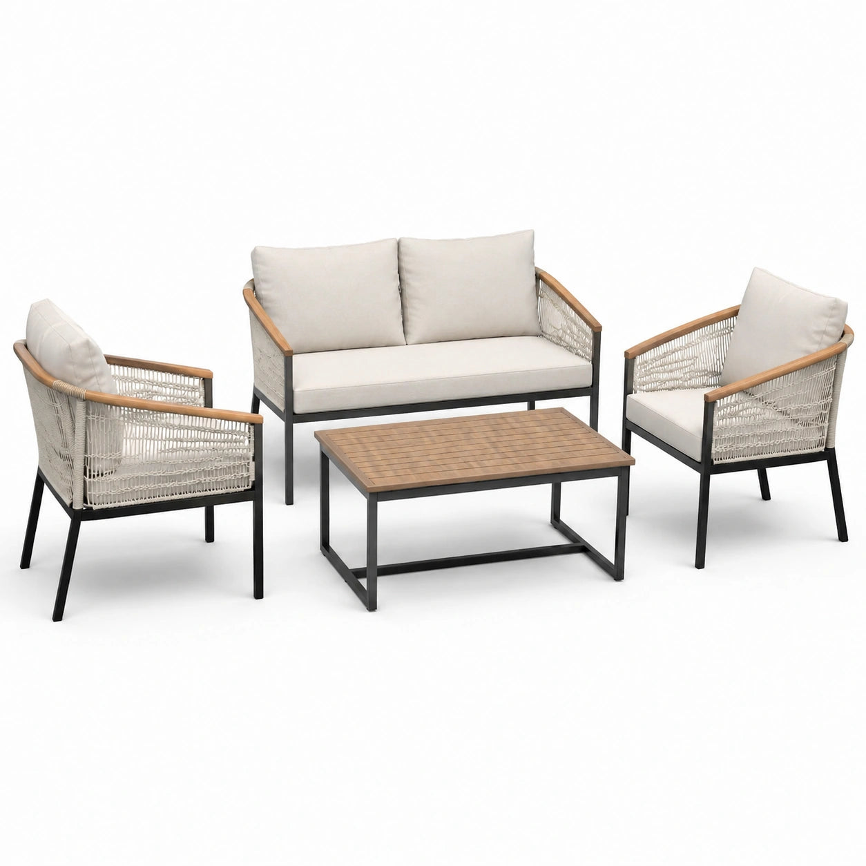 Set salotto da giardino in metallo e legno con cuscini beige 4 pezzi