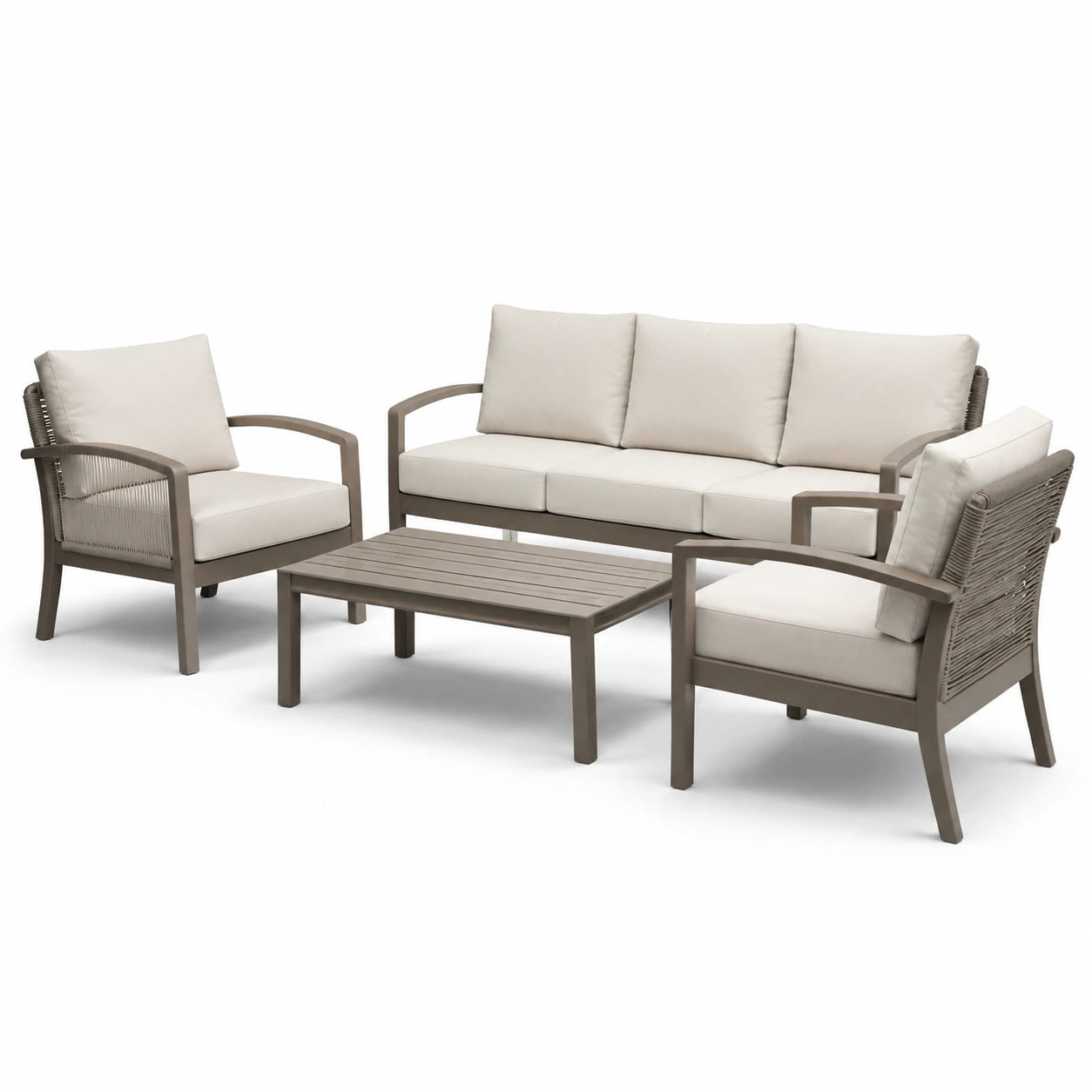 Set da salotto da esterno in metallo e poliestere beige con divano e poltrone