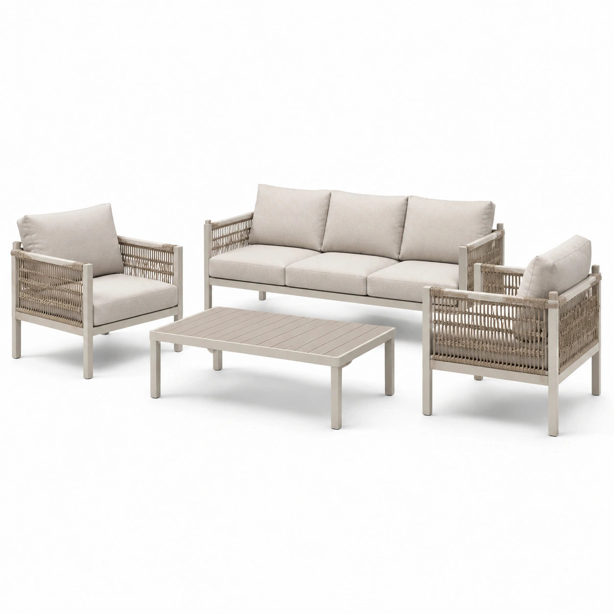 Set salotto da giardino in alluminio e corda beige
