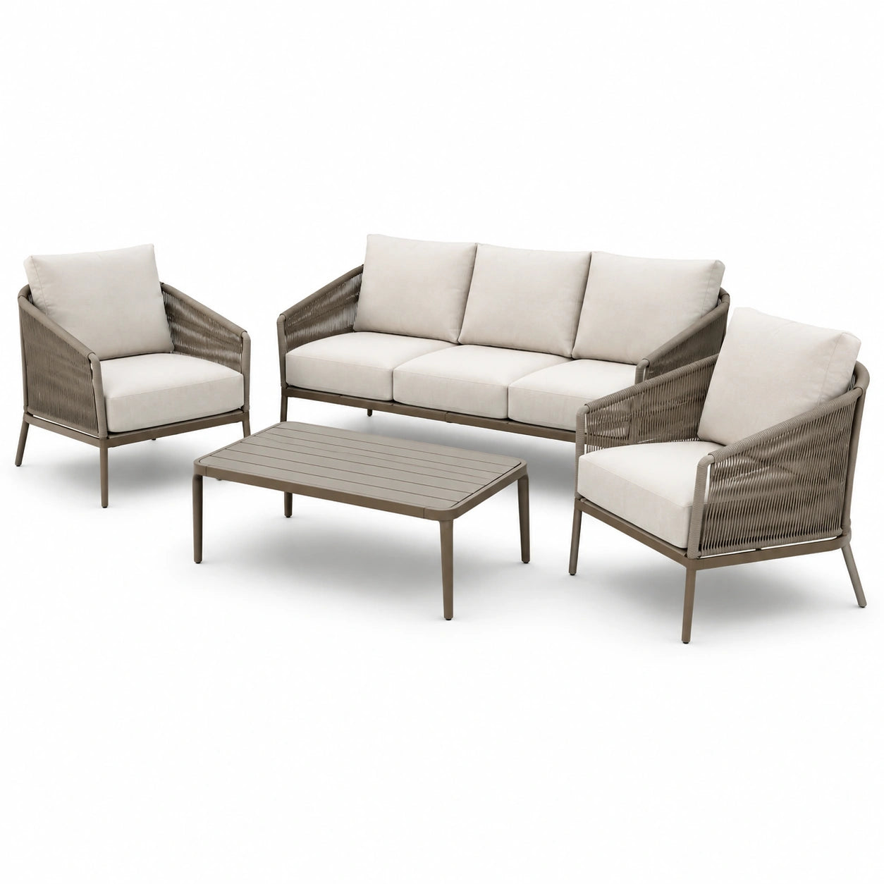 Set salotto esterno in metallo e corde con cuscini