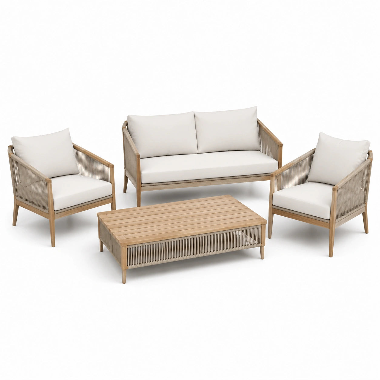 Set salotto da giardino in legno e corde bianche con divano, poltrone e tavolino