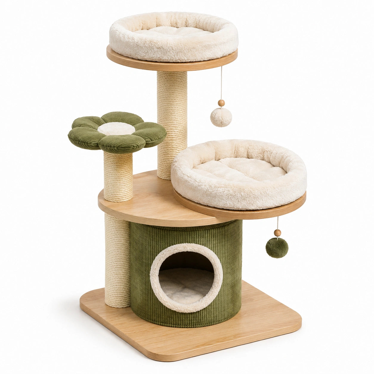 Albero Tiragraffi per Gatti in Legno, Tessuto a Coste e Sisal Beige/Verde