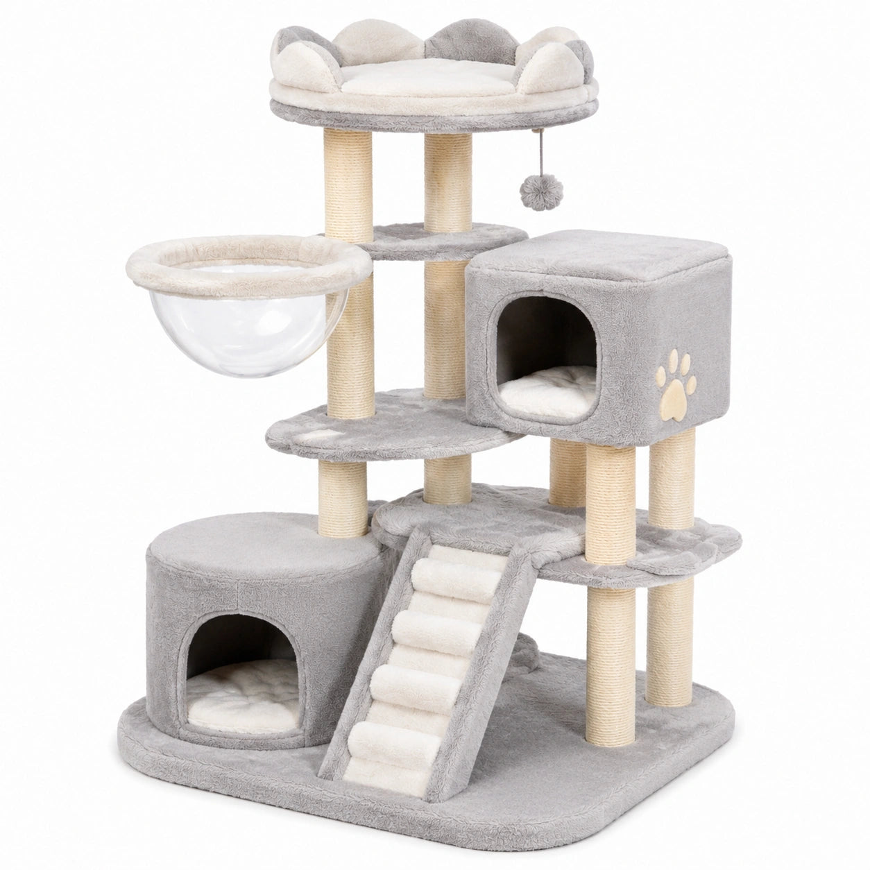 Albero Tiragraffi per Gatti in Peluche Grigio con Ciotola in Acrilico