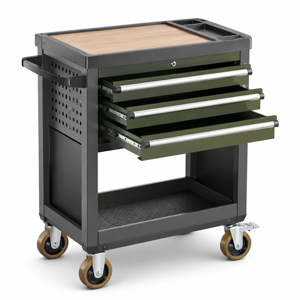 Carrello portautensili in metallo con 3 cassetti verde e piano in legno