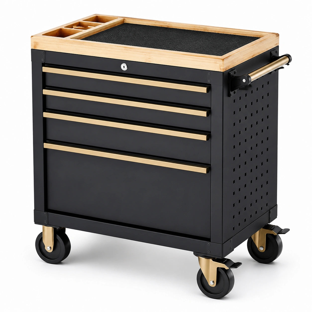 Carrello portautensili in metallo con cassetti e piano in bambù nero e oro