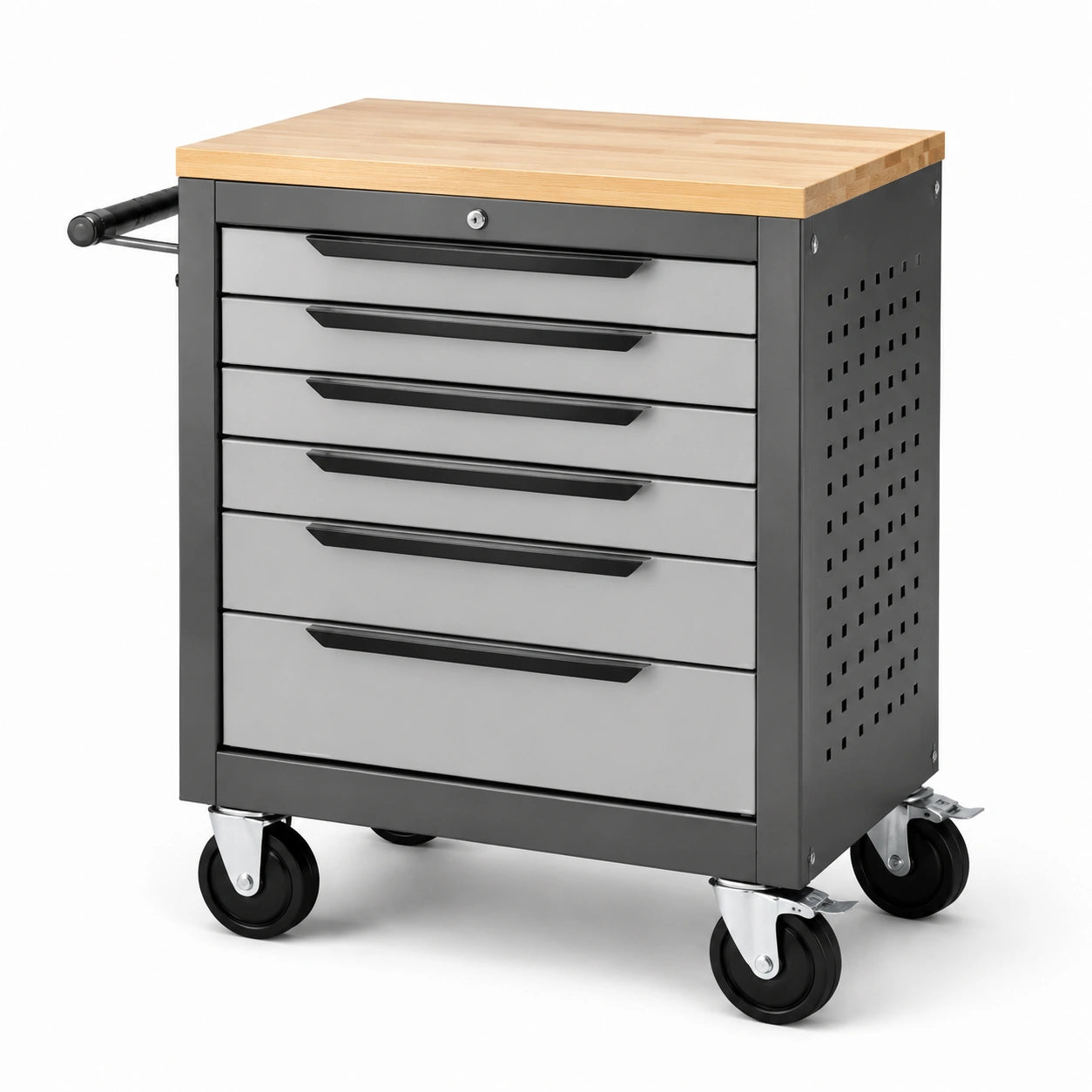 Carrello portautensili in metallo con piano in legno faggio 6 cassetti grigio