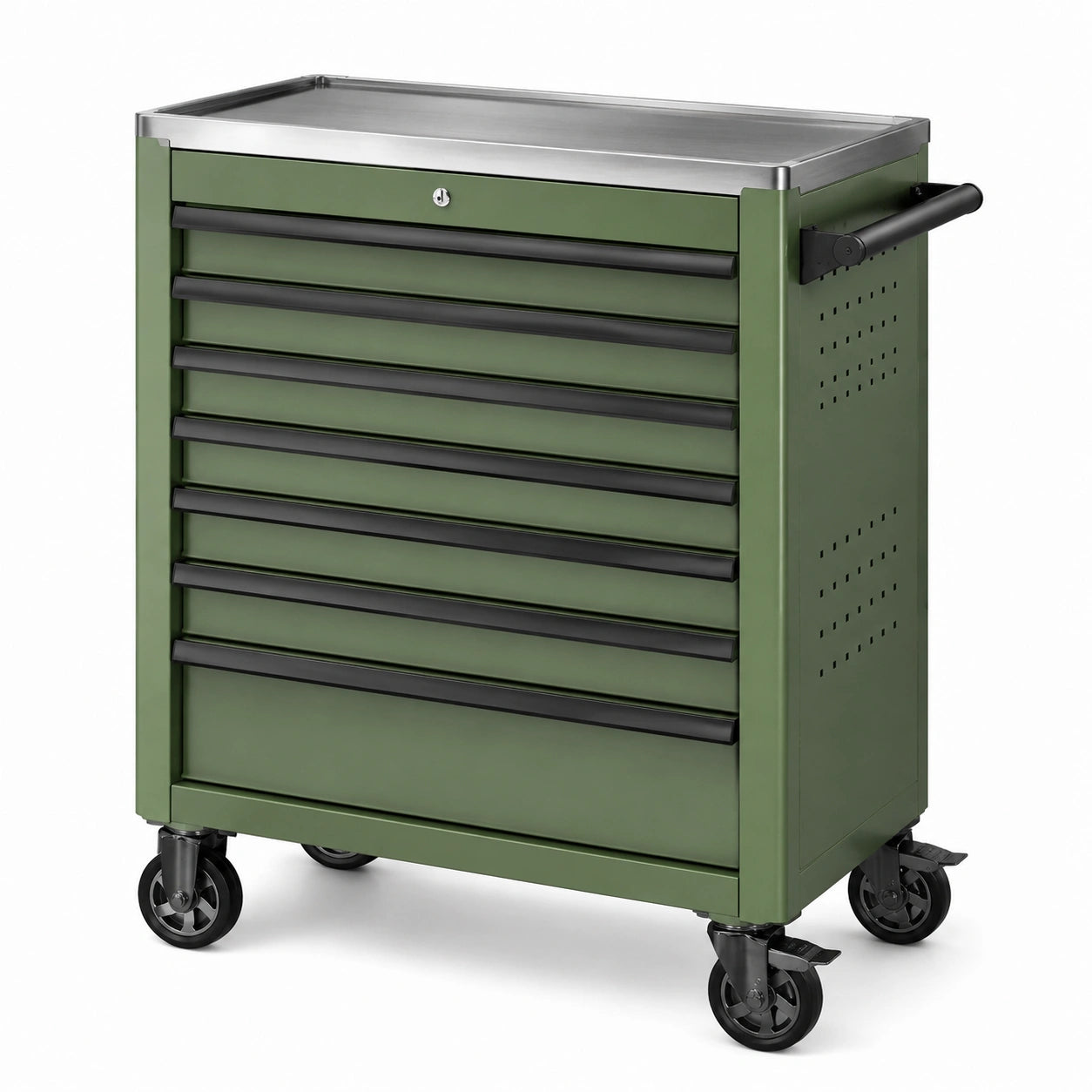 Carrello portautensili in metallo verde con 7 cassetti e ruote