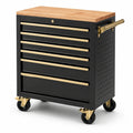 Carrello portautensili in metallo nero e ottone con piano in legno di faggio