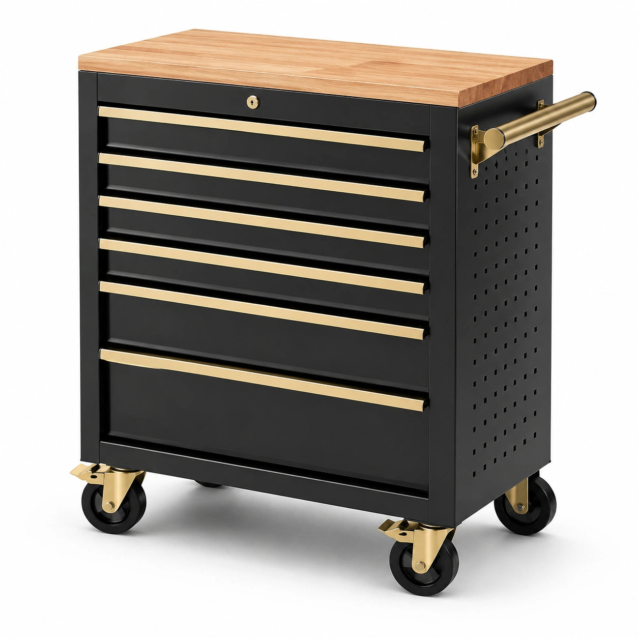 Carrello portautensili in metallo nero e ottone con piano in legno di faggio
