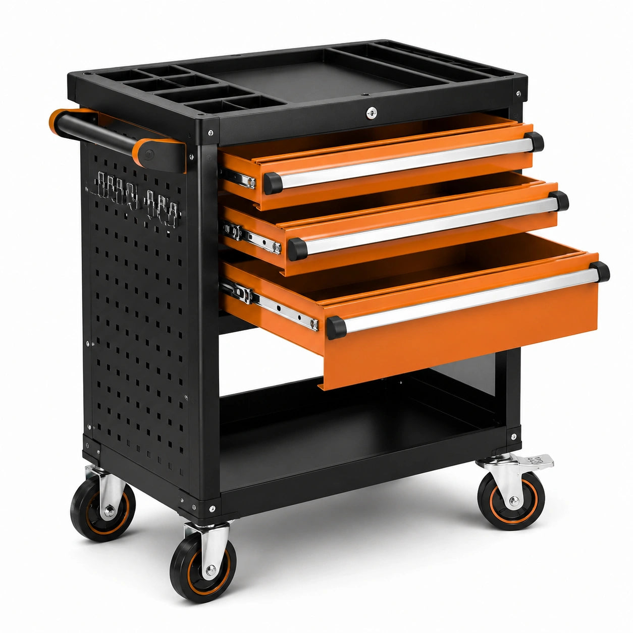 Carrello portautensili in metallo con 3 cassetti arancione e nero