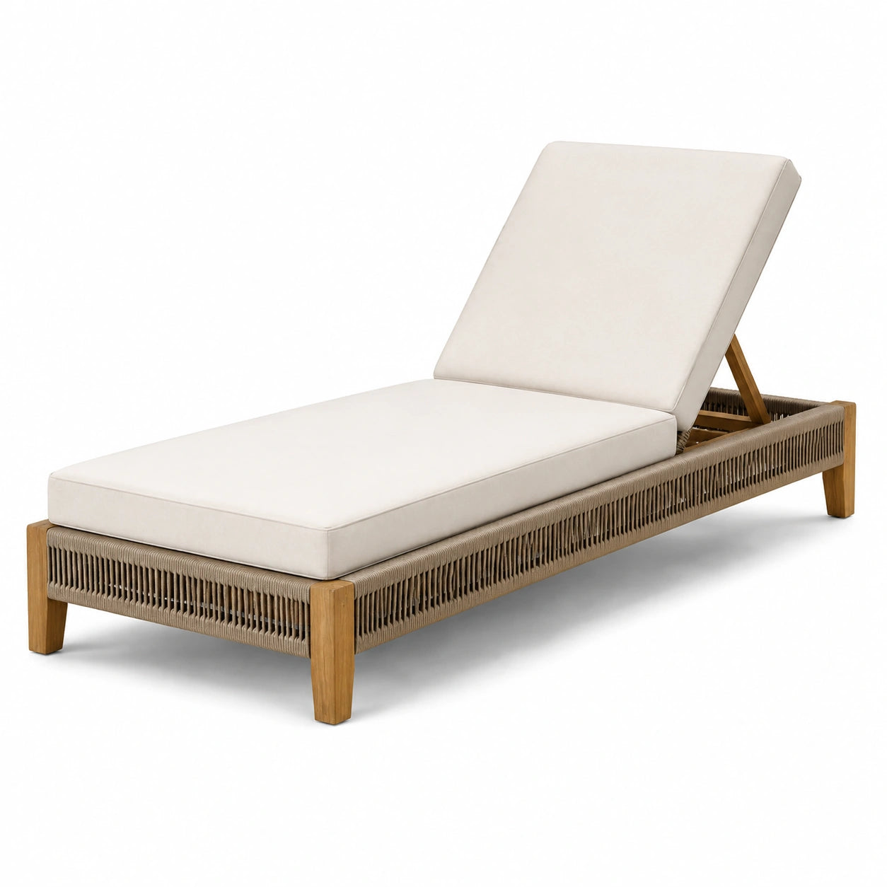 Lettino prendisole in legno di teak con cuscino regolabile in tessuto acrilico beige
