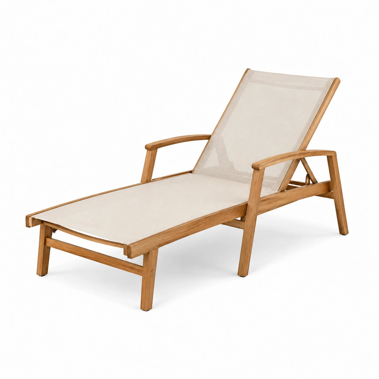 Lettino prendisole in legno con seduta in tessuto beige