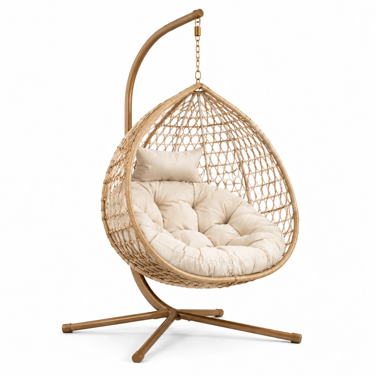 Poltrona sospesa in rattan sintetico con cuscino beige