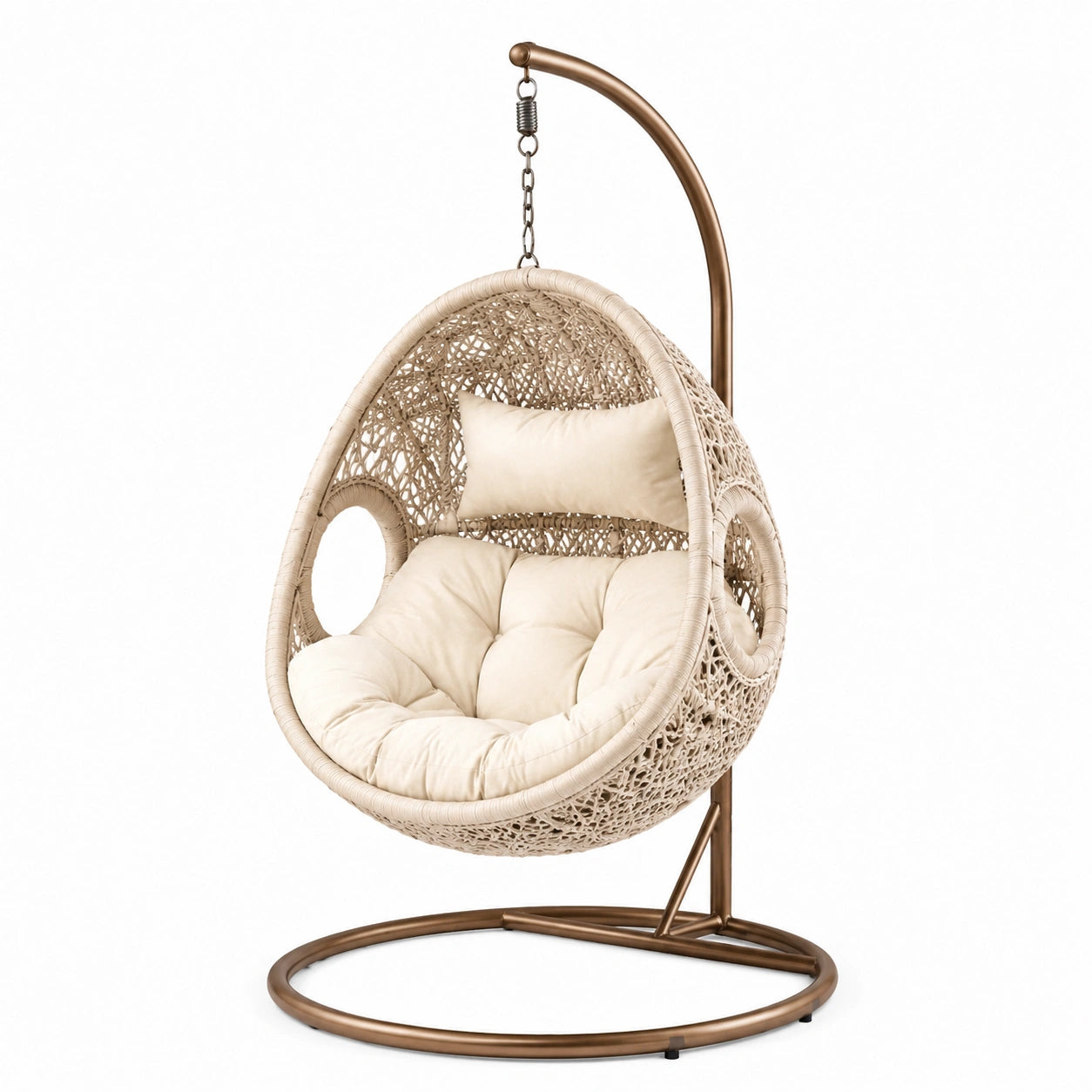 Sedia sospesa in rattan sintentico beige con supporto in metallo bronzo