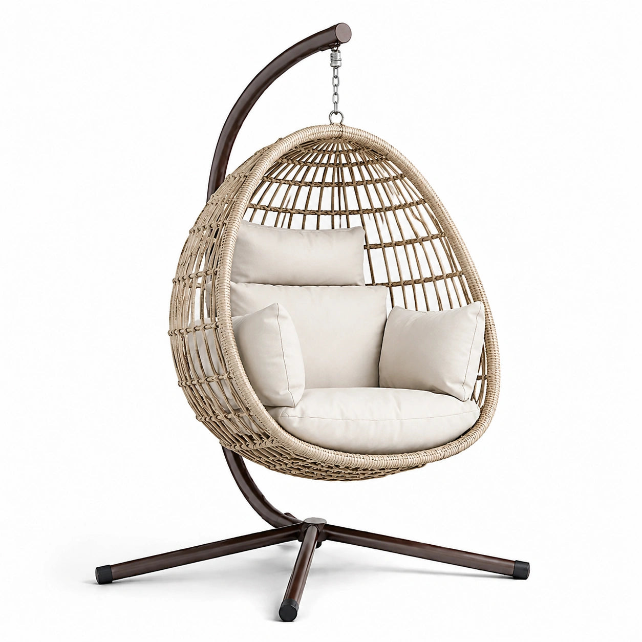 Sedia sospesa in rattan con cuscini in poliestere e struttura in acciaio marrone