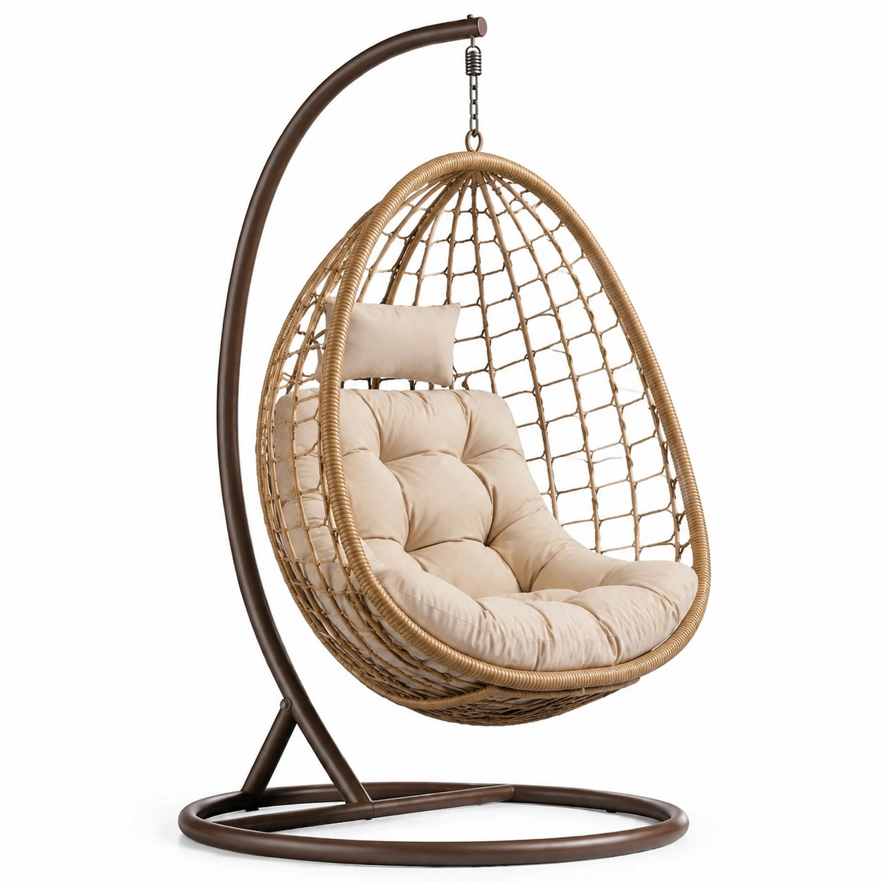Sedia sospesa in rattan sintetico con cuscini beige e struttura in acciaio