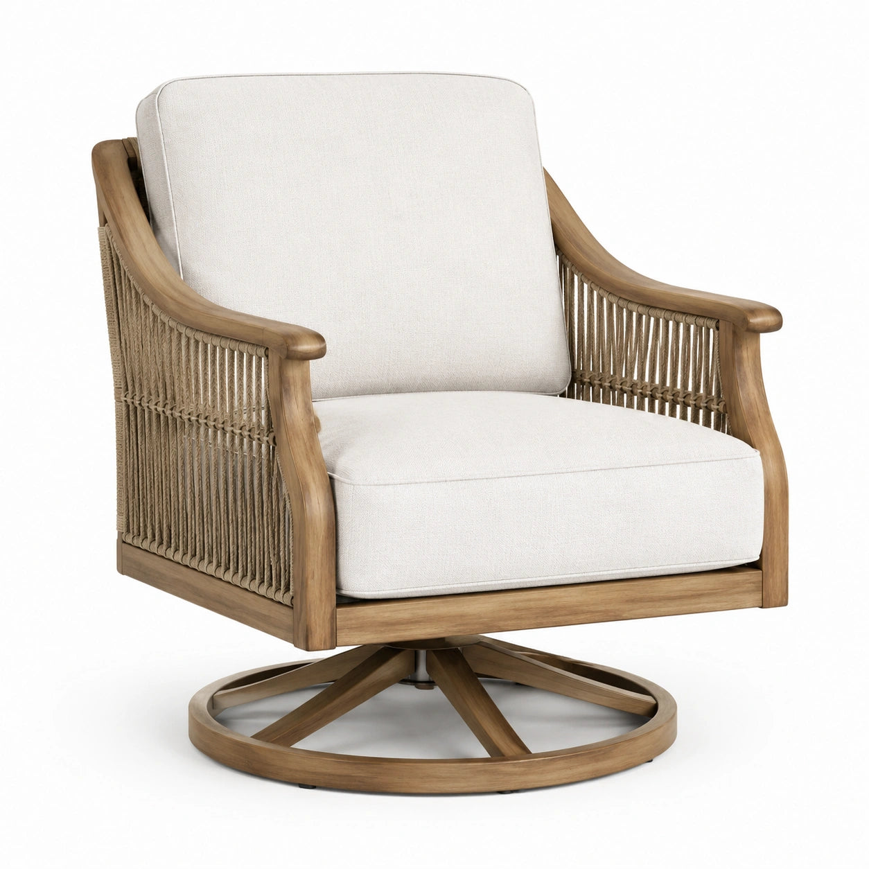 Poltrona girevole in legno e corda sintetica beige