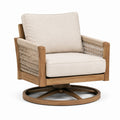 Poltrona girevole in legno e corda con cuscini beige