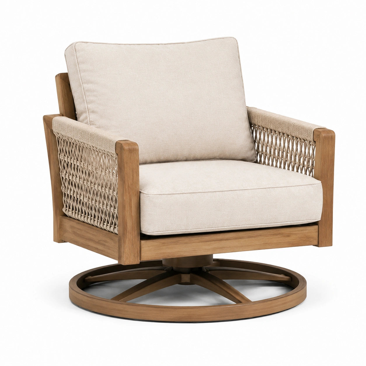 Poltrona girevole in legno e corda con cuscini beige