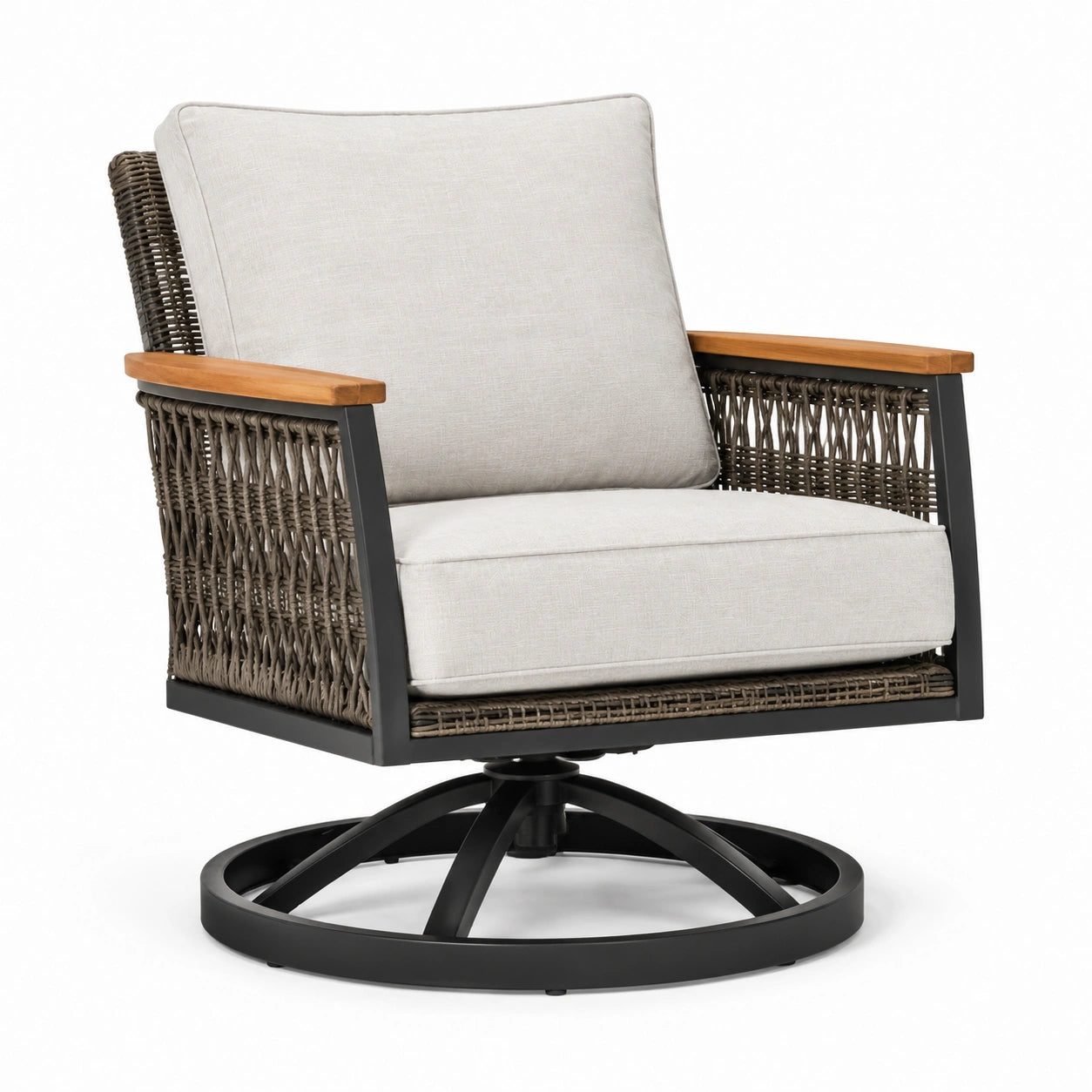 Poltrona girevole in metallo e wicker con braccioli in legno