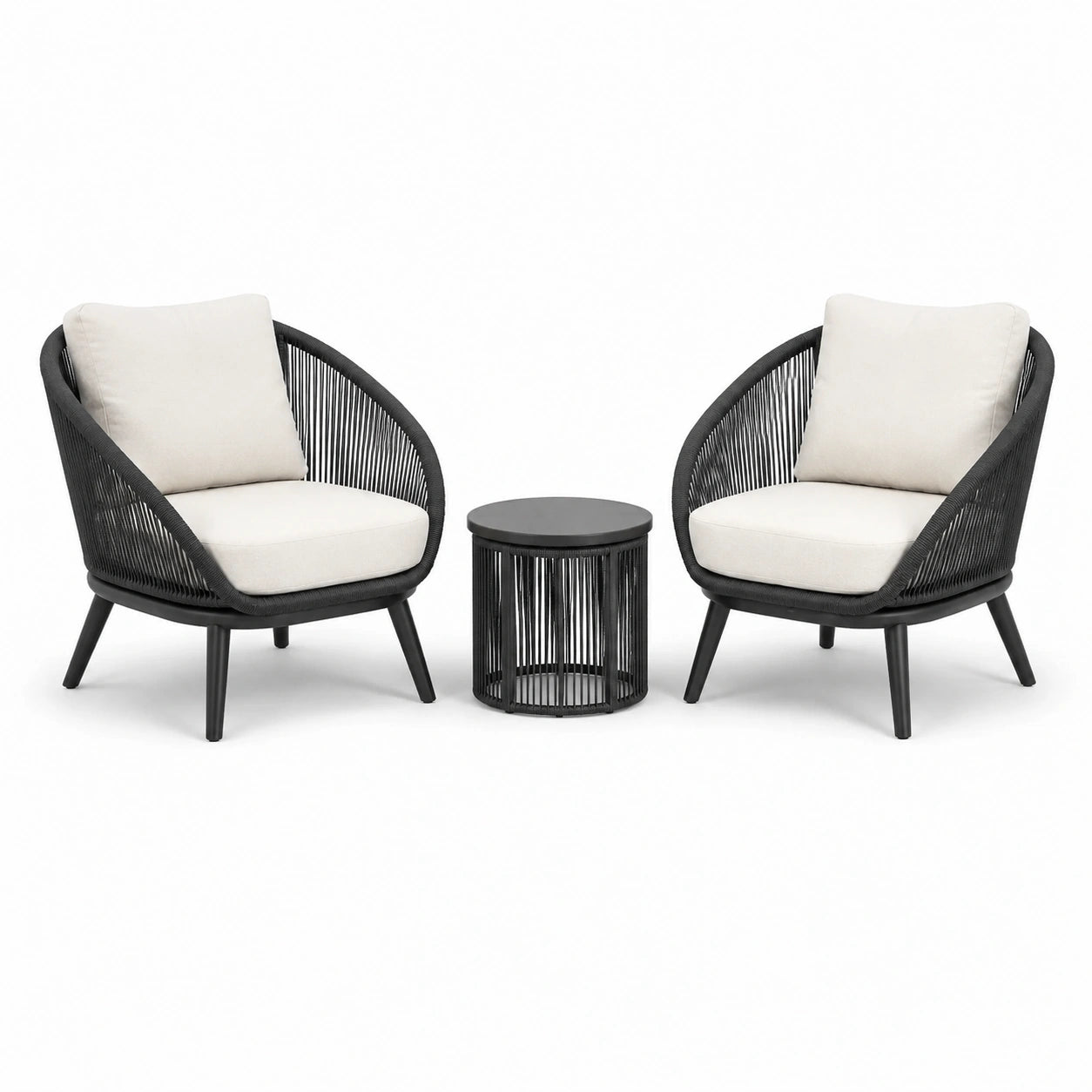 Set da giardino in metallo e rattan con 2 poltrone e tavolino rotondo nero e beige