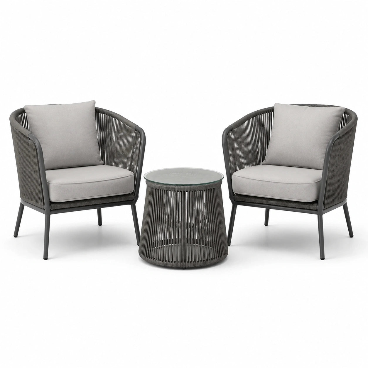 Set giardino in alluminio e corda con tavolino in vetro e cuscini grigi