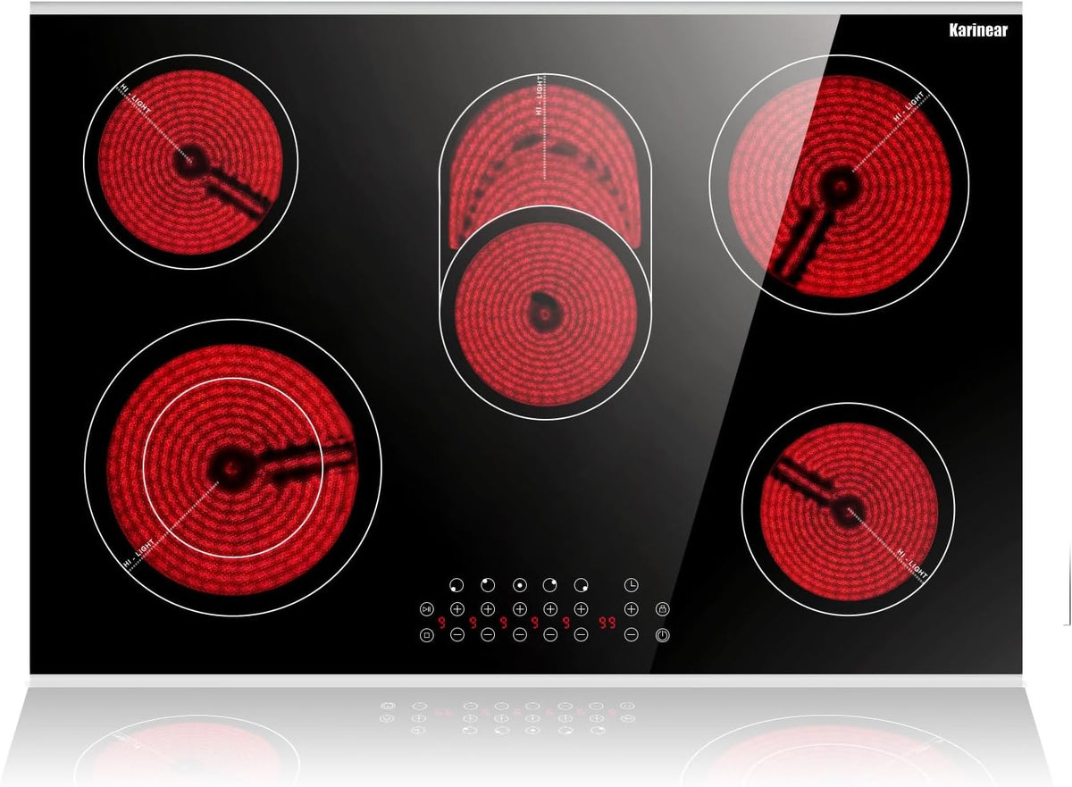 Karinear, Piano cottura, 220-240V, 77 cm, 240 V, 8400 W, Nero, acciaio inox, timer, spegnimento automatico, protezione dal surriscaldamento