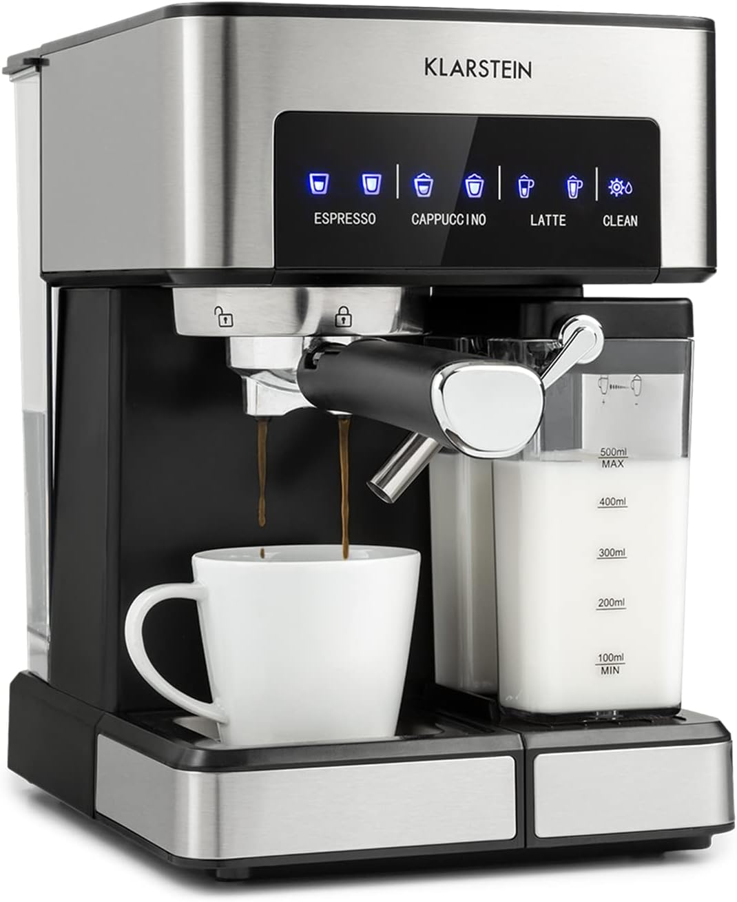 KLARSTEIN, Macchine da caffè tazza singola, 1,8 L, 20 Bar, 1350 W, Argento, acciaio inox, vano contenitore
