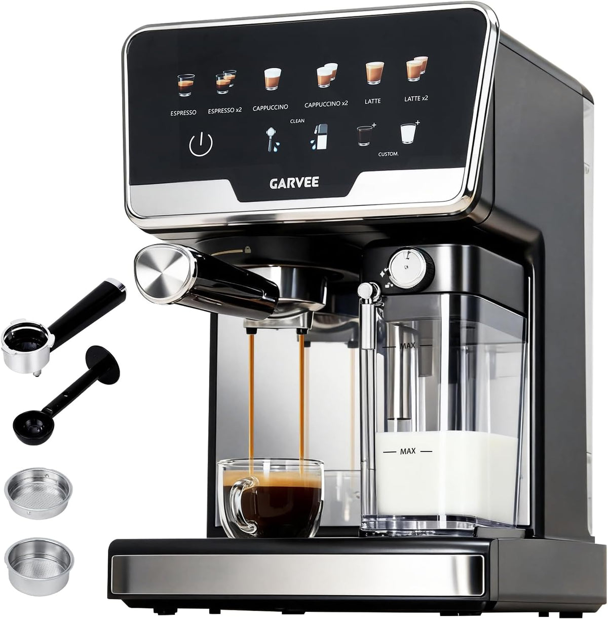 RBFGYIOP, Macchina da caffè, 20 Bar, 1450 W, 2 L, Nero/Argento, vano contenitore, autopulizia