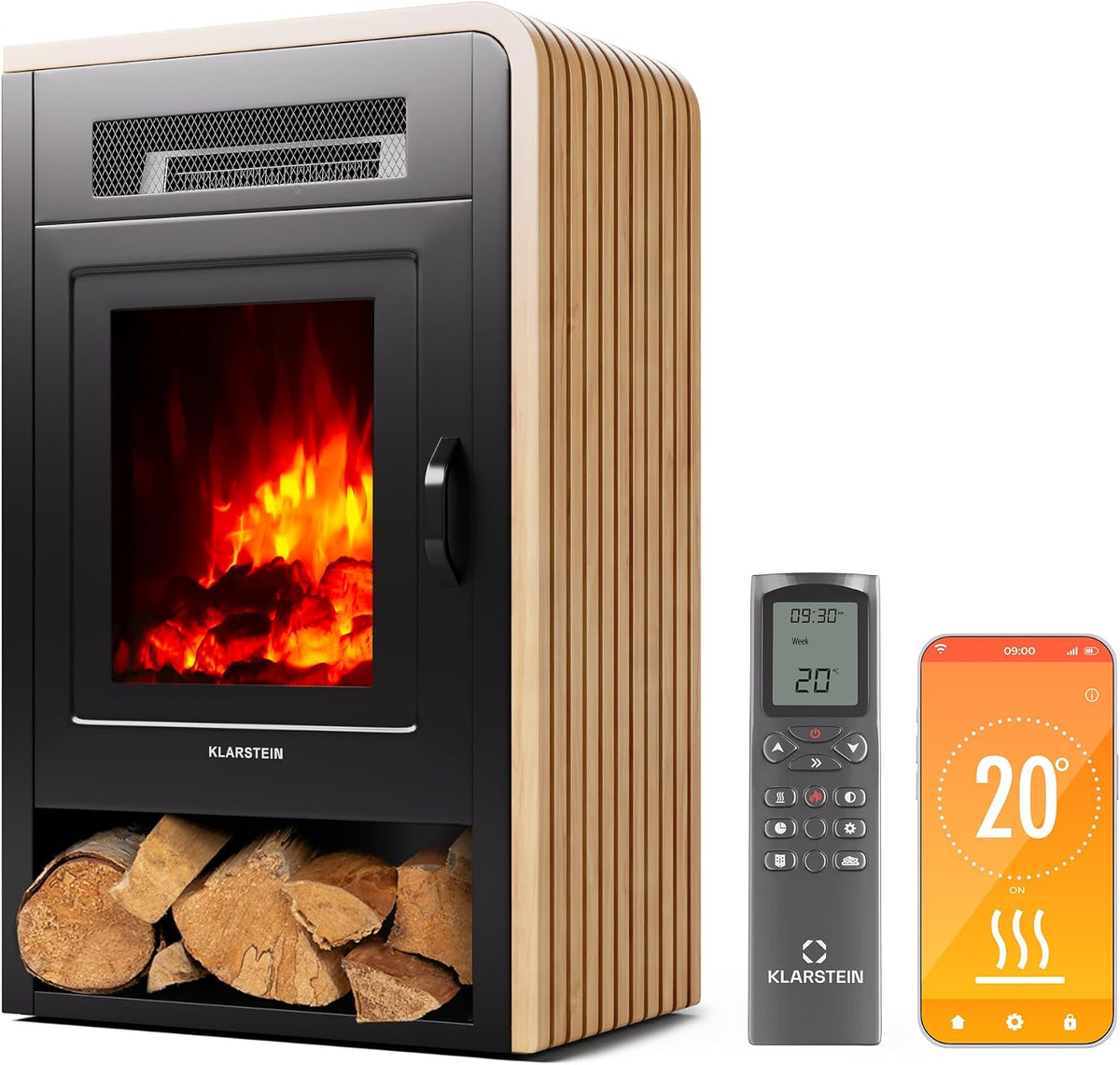 KLARSTEIN, Camino elettrico, 1900 W, 30°C, Nero, illuminazione LED, telecomando, timer