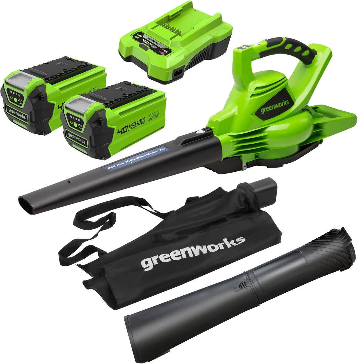 Greenworks, Soffiatori per foglie, GD40BVK2X, 40 V, 9,63 m, 45 L, Nero, 3 in 1