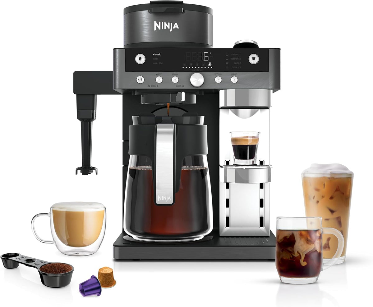 Ninja, Macchina da caffè, CFN802EUGM, 41,1 x 27,4 x 32,6 cm, 1,8 litri, 6,18 kg, Nero, vano contenitore, 2 in 1