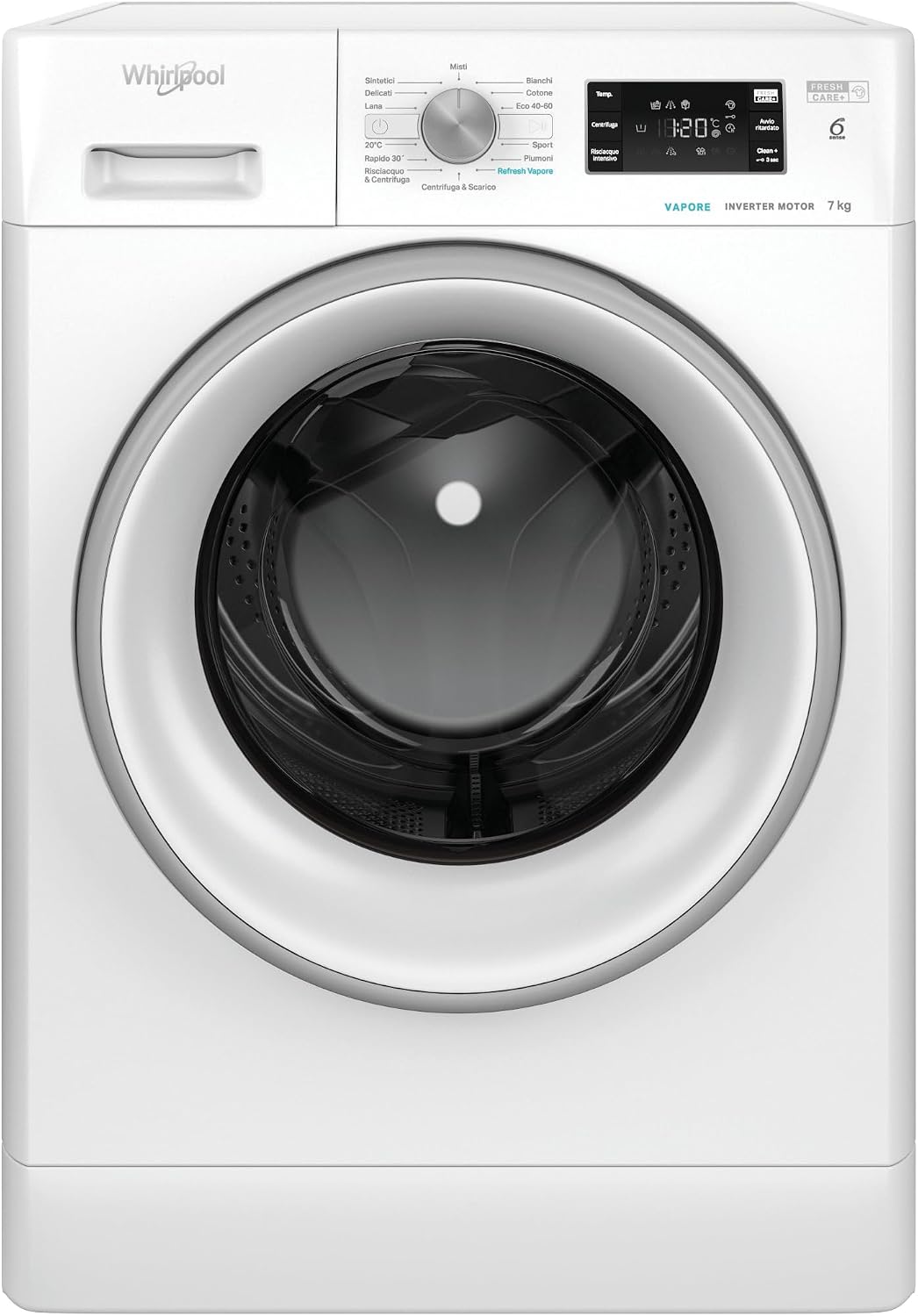 Lavatrice, Whirlpool, 7 kg, 59,5 × 57,5 × 84,5 cm, 45 litri, Bianco, motore inverter