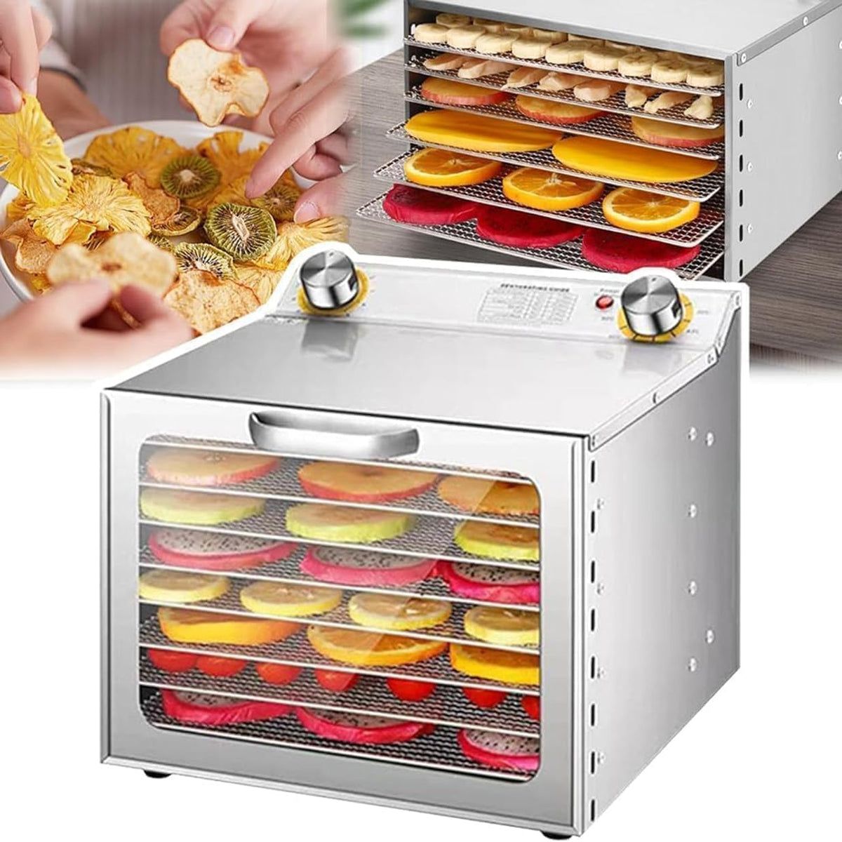 Essiccatori per alimenti, 90 °C, 28,5 x 20 cm, 400 W, Argento, acciaio inox, illuminazione LED, timer