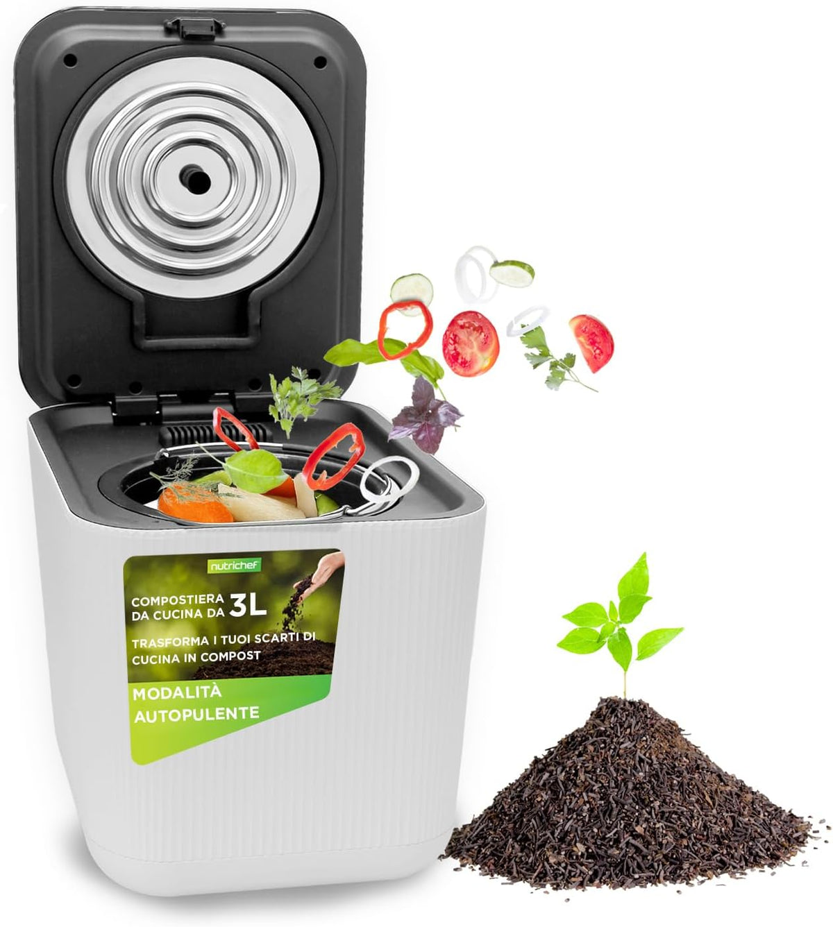 NutriChef, Secchi per fertilizzanti organici, 3 Litri, Bianco, autopulizia