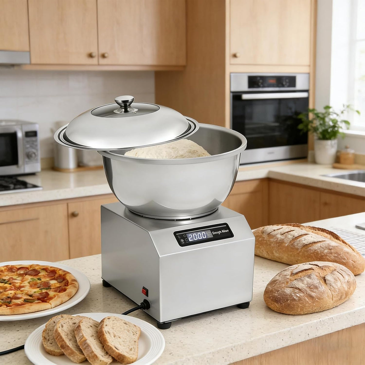 HCAUYNN, Impastatrice planetaria, 8 KG, 1800 W, 35 x 27,5 x 24,5 cm, Nero, acciaio inox, illuminazione LED, timer