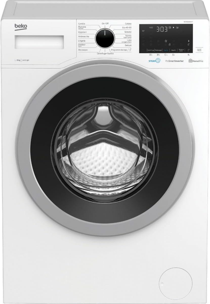 Beko, Lavatrice, 8 kg, 1400 rpm, 84 cm, Bianco, illuminazione LED, motore inverter
