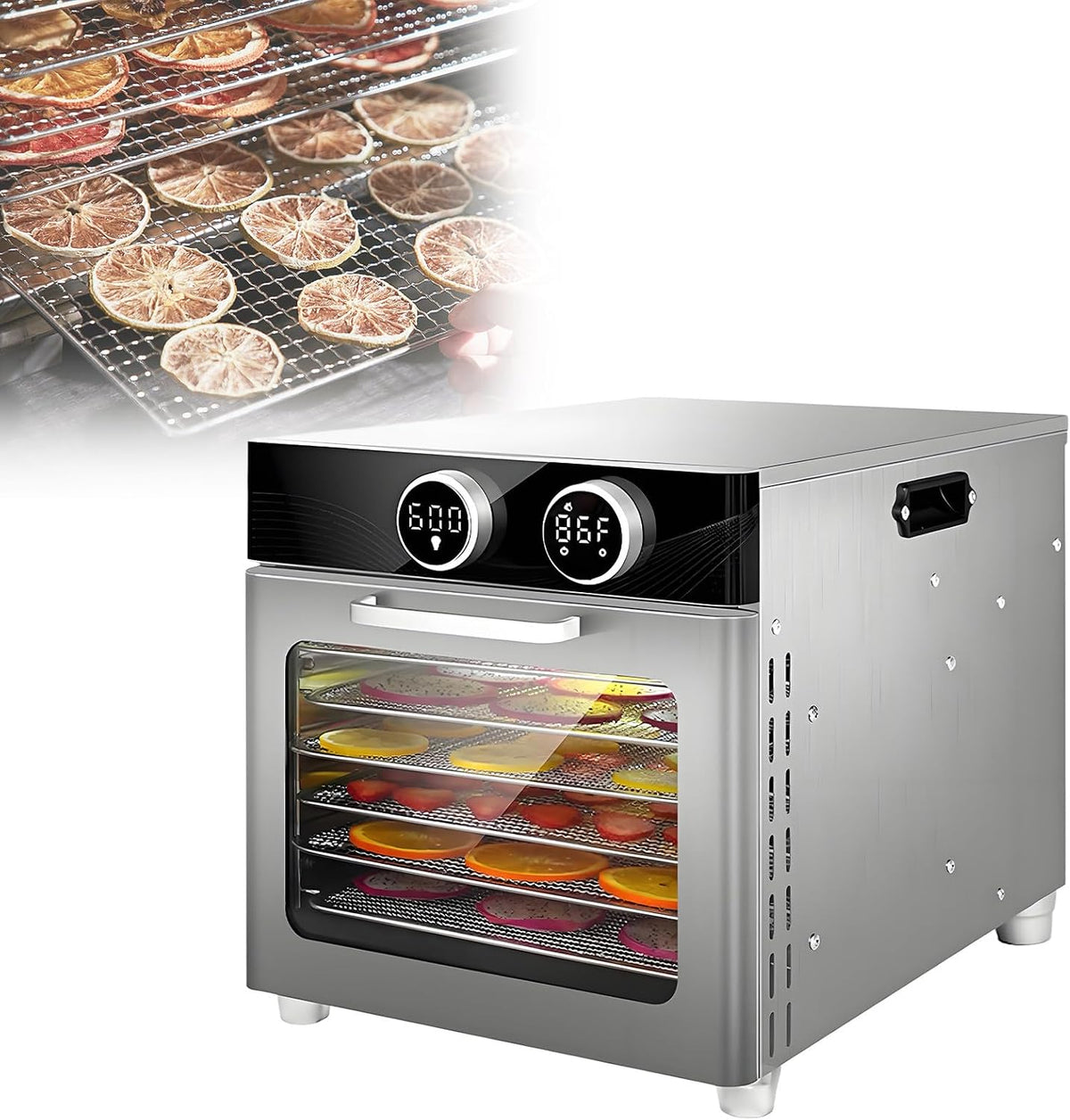 AETEREOS, Essiccatori per alimenti, 30x28 cm, 30-90 °C, 800 W, Argento, acciaio inox, timer, spegnimento automatico
