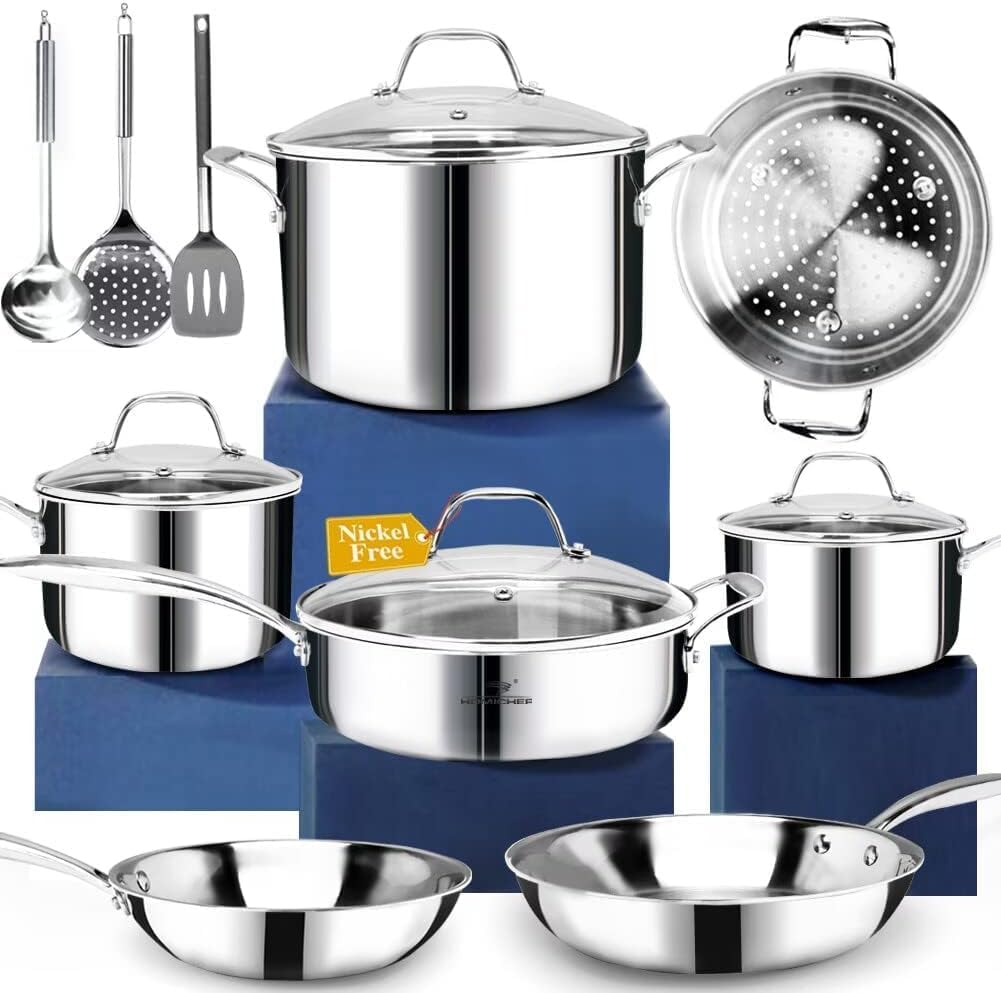 HOMICHEF, Set di pentole, 24 cm, 7 L, 9.5 cm, Argento, acciaio inox
