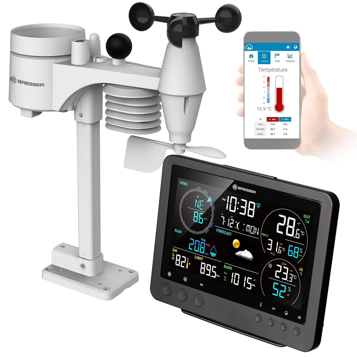 BRESSER, Stazioni meteo, 7,4 pollici, 18,8 cm, 150 m, Nero, USB, Wi-Fi